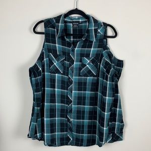 Torrid Black/Teal Cold Shoulder Flannel Top